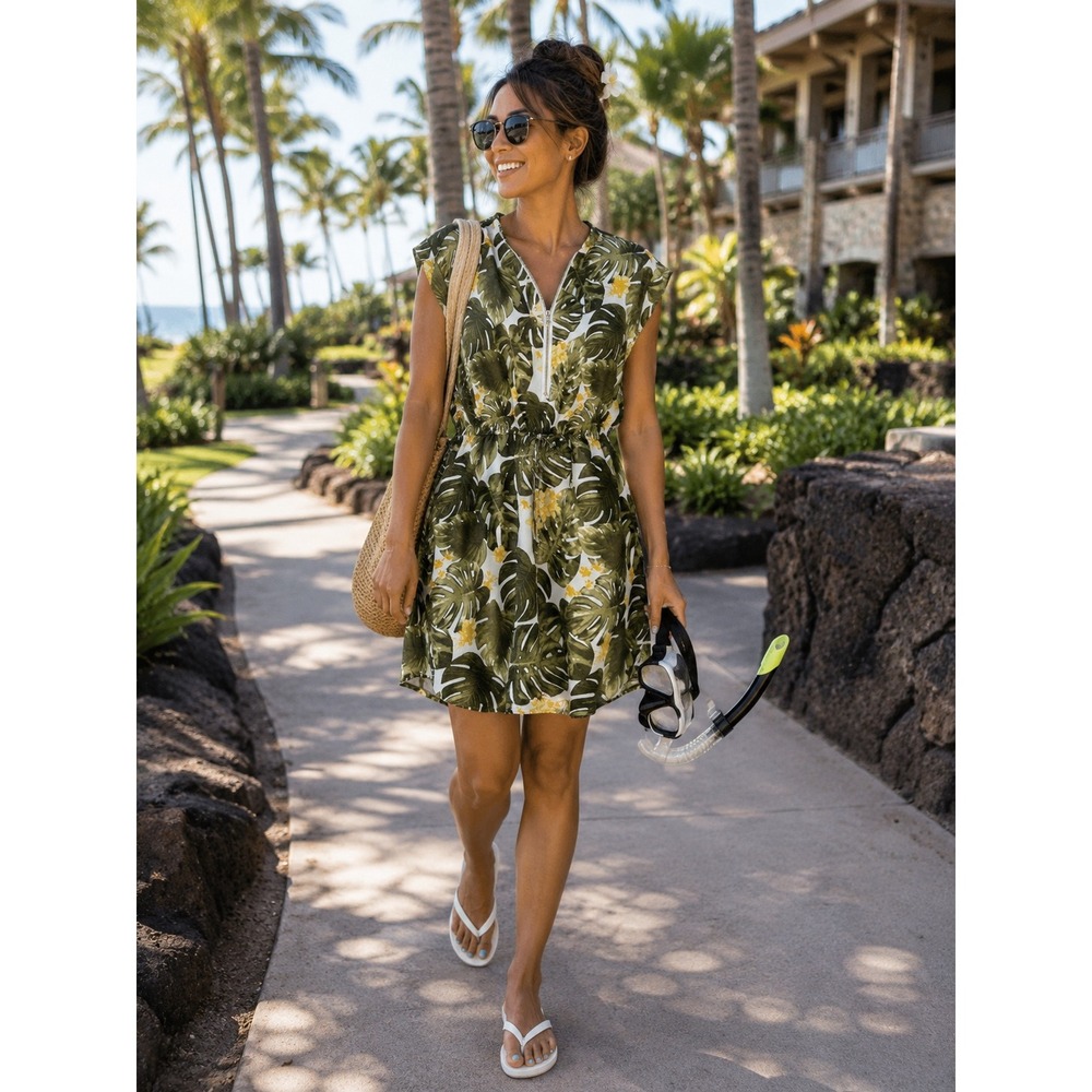 J for Justify Womens Tropical Palm Leaf Floral Half Zip Romper Dress Green M